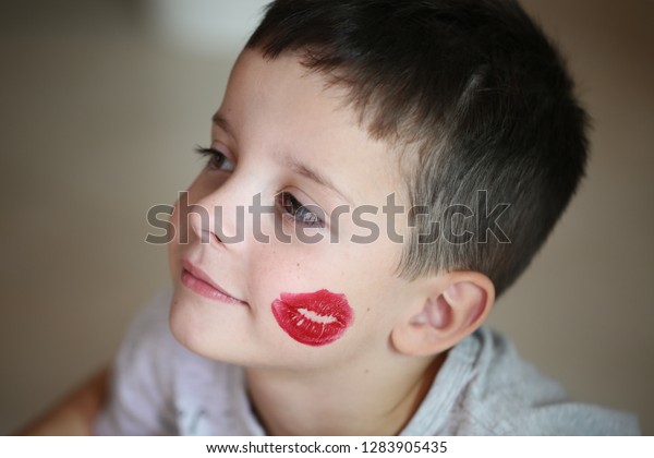 Boy Red Lipstick Kiss On His Stock Photo (Edit Now) 1283905435