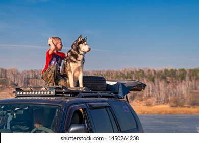 Boy In Red Shirt Sitting On The Roof Car And Hugs His Dog Companions. Siberian Husky Dog With A Child On A Walk In The Park Outside The City. Sunny Day, Clear Blue Sky, Shore Large River.