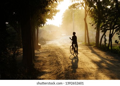 A boy returning home in an afternoon. The road is full of dust. The dust and sunlight creates a magical view.