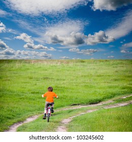 Boy rides a bicycle on a green meadow