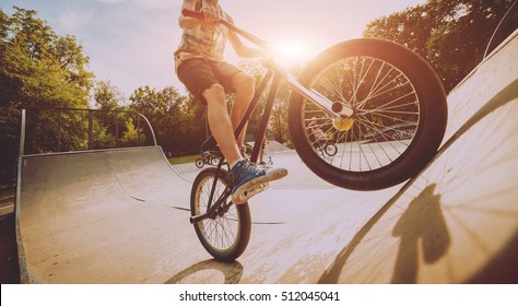 Boy Riding A Bmx In A Park. Beautiful Background