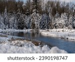 Boy River flowing through Snow covered Conifer Pine forest after a snow storm in the Chippewa National Forest, northern Minnesota USA