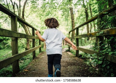 Boy Running Backwards Across A Bridge In A Forest