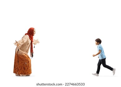 Boy running to hug a muslim woman wearing a hijab isolated on white background - Powered by Shutterstock