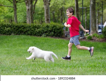 Boy Running And Playing With Puppy Dog Outside