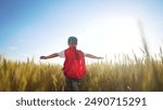 A boy runs through a field of wheat with superheroes. Field kid happy concept. Superhero playing with a child in wheat. A boy and child are playing with a superhero running through the sunset wheat.