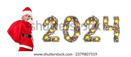 Boy Santa Claus holding a christmas sack and 2024 number made by christmas tree branches isolated on white background