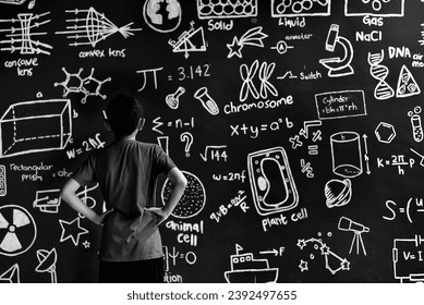 boy with science and math formulas on a blackboard. Determined and goal oriented