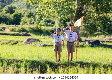 Boy Scout Making An Oath At The Forest.