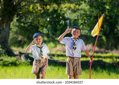 Boy Scout Making An Oath At The Forest.