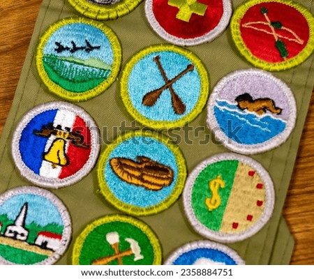 Boy scout merit badges displayed at Troop one's 100th anniversary celetration, Corvallis, Oregon