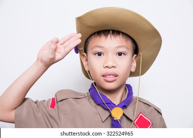 Boy Scout, A Thai Asian Boy Scout In Uniform With Cheerful On White Background