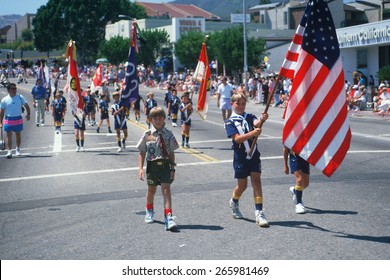 Boy Scout Troop Color Guard Leading The 4th Of July Parade, Pacific Palisades, CA