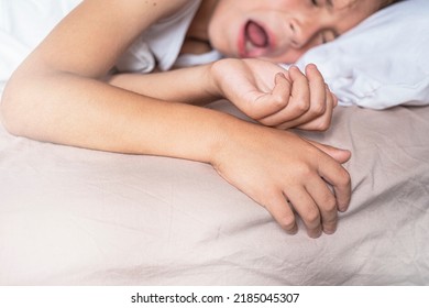 The Boy Sees A Nightmare In Sleep. Restless, Unhealthy Sleep In Children After Watching A Horror Movie, Computer Game.