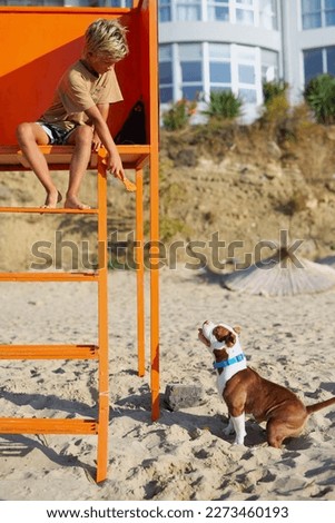 A boy of seven years and his friend, an American bull terrier dog, spend time together on the beach, sit on an orange tower, walk along the beach