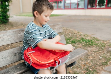 The boy sits on a bench in the school yard and takes out a lunch box from a school backpack. Children have snacks between classes.
