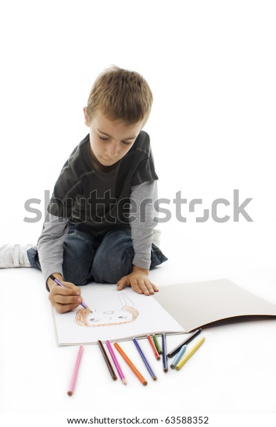 Boy Sitting On Floor Drawing On Stock Photo (Edit Now) 63588352