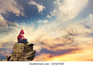 Boy, Sitting On A Rock In The Sky, Birds Flying Around Him, Writing Letter To Santa