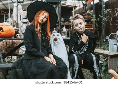 Boy Skeleton Costume Girl Witch Costume Stock Photo 1841546401 ...