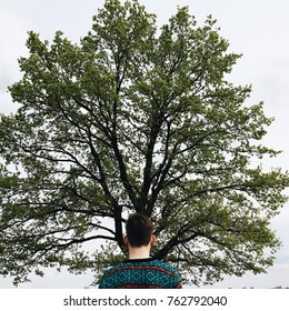 Boy standing on the background of a tree