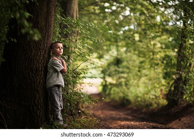 boy standing under a tree 