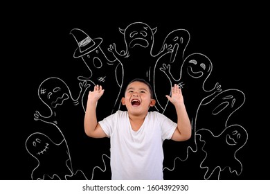 The boy stood scared of many ghosts wanted