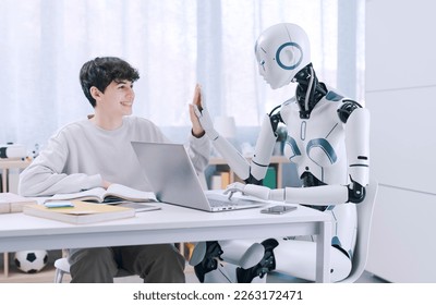 A Boy studies with the help of a Robot. The result is fruitful. Robot and Human Collaboration Concept. - Powered by Shutterstock