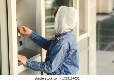 Boy Takes Money In Cash Dispenser For Alien Card. Boy Takes Cash At ATM Machine. Kids Theft. Stealing Credit Card From Parents.