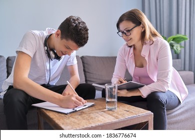 Boy Teenager Gives Interview To Woman Psychologist In Office, College Student At Consultation. Adolescence, Mental Health, Social Life Of Teenager