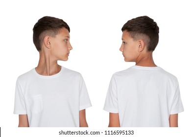 boy teenager turned his head to the side view front and back on white