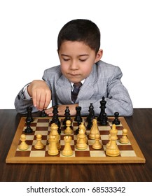 Boy thinking of a chess move, eight years old, on pure white background