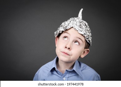 Boy In A Tin Foil Hat Looking Up