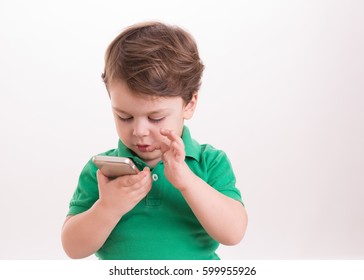 Boy Touch Mobile Phone On White Background