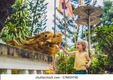 Boy Tourist In Buddhist Temple In Vietnam Nha Trang, Traveling With Children Concept