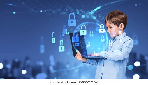 Boy typing in computer, glowing lock chain and earth sphere with digital connection lines. Cybersecurity, data protection and safe internet for kids. Concept of parental control