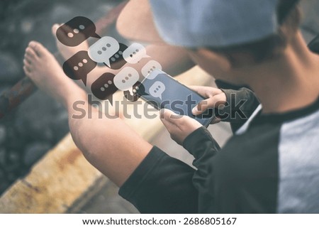 Boy using smartphone typing, chatting conversation concept. Chat box icons. Social media maketing.
