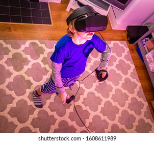 Boy using virtual reality headset