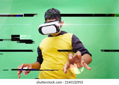 a boy using virtual reality simulator headset on green background