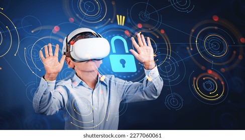 Boy in vr glasses hands touching digital cybersecurity virtual screen, hud hologram with lock icon and abstract lines connection. Concept of internet safety for kids and parental control - Powered by Shutterstock