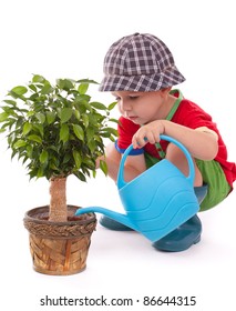a boy with a watering-can is giving the flowers some water