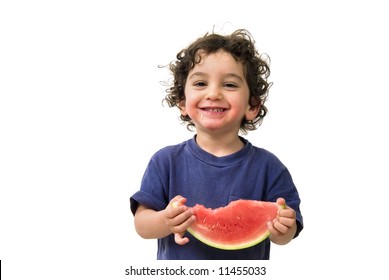 boy and watermelon isolated on white