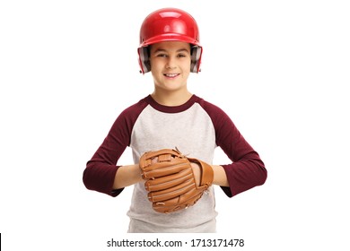 Boy wearing a baseball helmet and a glove isolated on white background