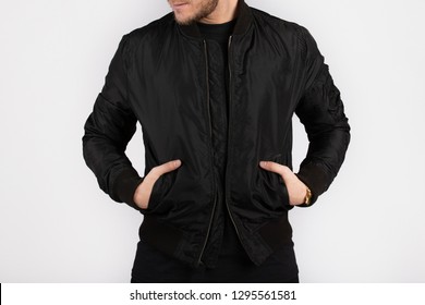 Boy Wearing Black Jacket And Black T-shirt Mockup Template 