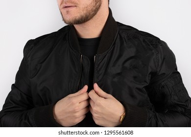 Boy Wearing Black Jacket And Black T-shirt Mockup Template 