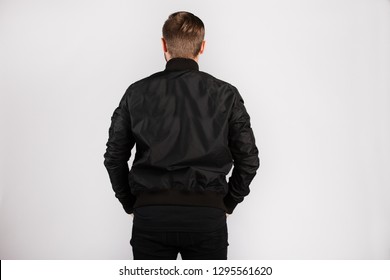 Boy Wearing Black Jacket And Black T-shirt Mockup Template 