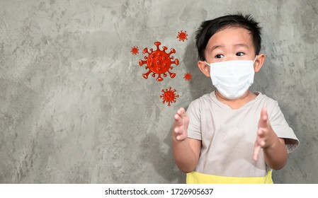 A Boy Wearing Medical Face Mask For Pollution Or Coronavirus,child Itchy Eyes And Nose, Kid Scratching Nose While Wearing Protection Mask.Protection Against Contagious Disease, Coronavirus.