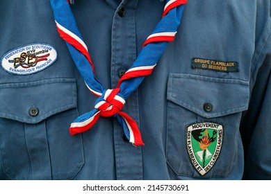 Boy Wearing Scout Scarf. Close-up.  Strasbourg. France. 10-29-2017