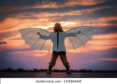 Boy with wings at sunset imagines himself a pilot and dreams of flying - Shutterstock ID 1195844449