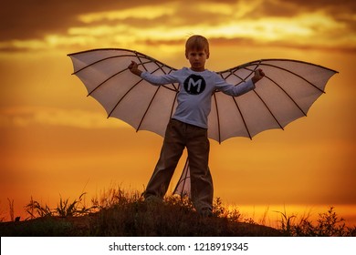 Boy with wings at sunset imagines himself a pilot and dreams of flying - Shutterstock ID 1218919345