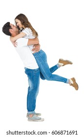 Boyfriend Carrying His Girlfriend On White Background